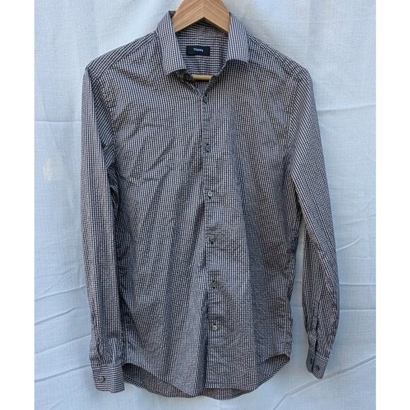 Theory Mens Murray Tech Stretch Plaid Button Down Shirt Sz M Peach Navy Checked - Picture 2 of 6